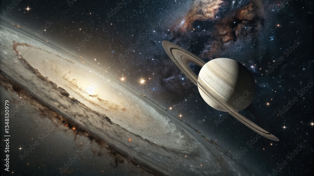Wall mural a glowing planetary disk levitating in an infinite cosmic void, surrounded by subtle star clusters a