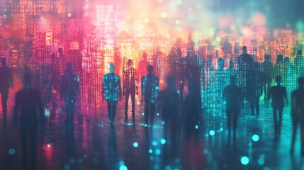 Fototapeta premium Silhouetted Crowd in a Futuristic City at Night with Vibrant Neon Lights