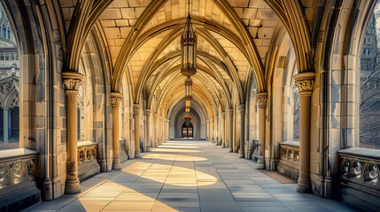 Obraz premium Historic Gothic-style archway hallway with intricate stone architecture and soft lighting