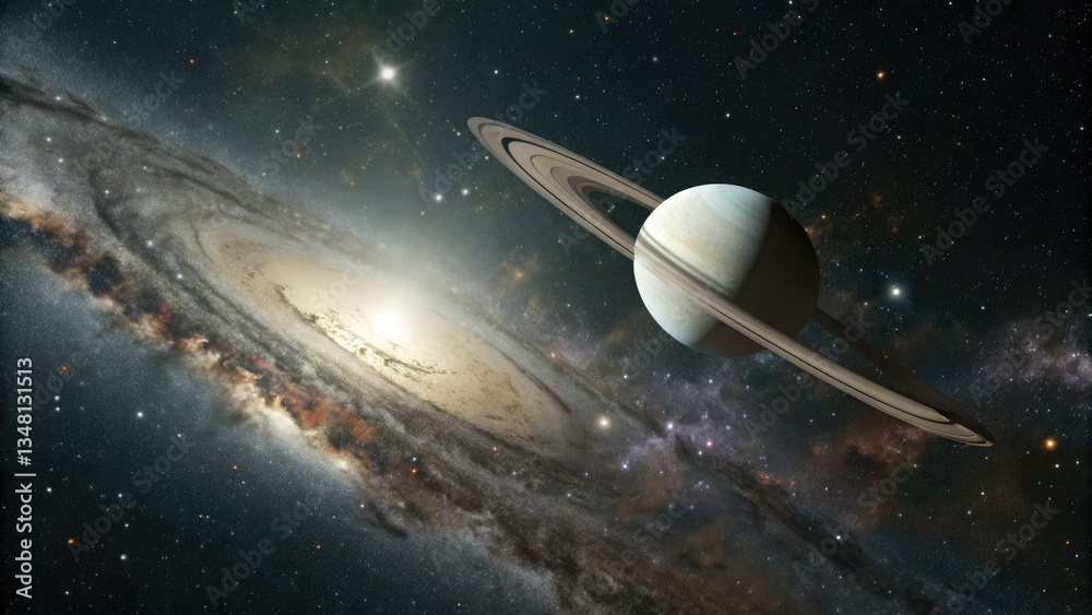 Wall mural a glowing planetary disk levitating in an infinite cosmic void, surrounded by subtle star clusters a
