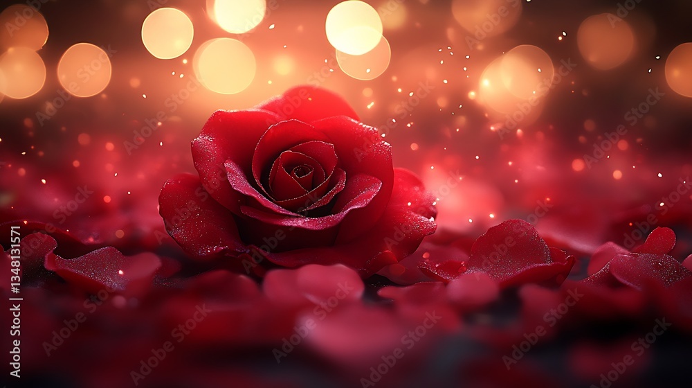Aufkleber Vivid close-up of a red rose in a bed of soft petals on a glowing background creating a romantic atmosphere : Generative AI