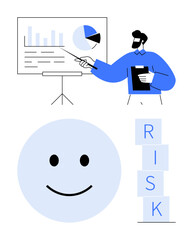 Professional presenting data on a chart, smiling face symbolizing positivity, blocks spelling RISK. Ideal for team planning, risk management, positive outcomes, training, mindset, strategy abstract