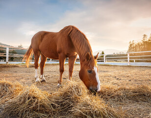 horse in the paddock and bent over eating dry grass