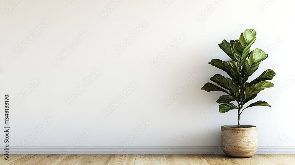 Poster Elegant indoor plant in a minimalist setting with a white wall and wooden floor creating a warm atmosphere : Generative AI
