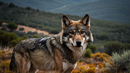 Fototapeta premium Close-up of Iberian Wolf with Majestic Mountain Landscape Behind