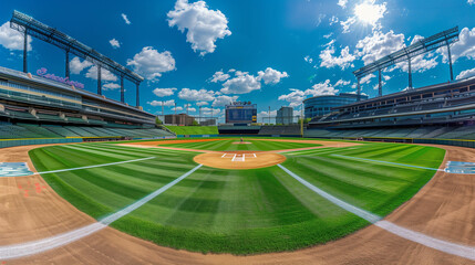 Obraz premium Wide-angle view of a professional baseball stadium under a bright blue sky