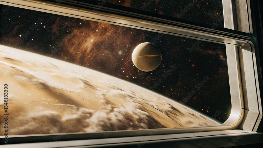 Wall mural a glowing planetary disk levitating in an infinite cosmic void, surrounded by subtle star clusters a