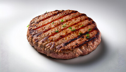 delicious grilled hamburger patty on a clean white background highlighting rich textures and mouthwatering details for culinary photography enthusiasts