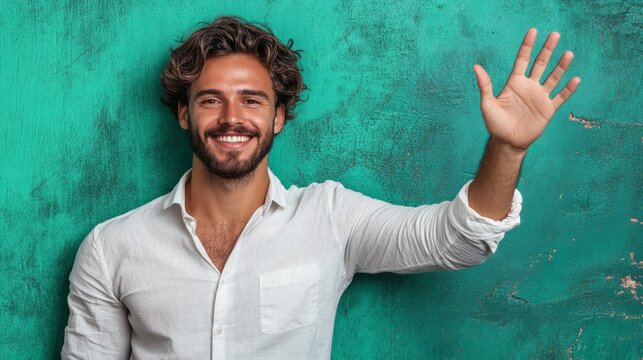 Smiling man waving with textured green background wearing white shirt
