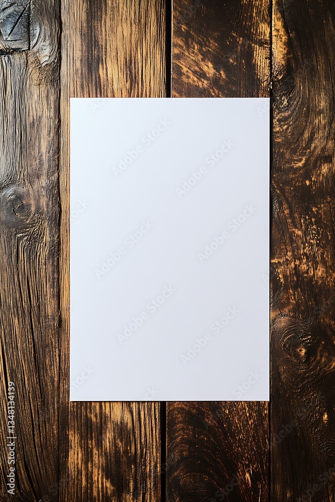 Poster minimalist blank white paper on a rustic wooden texture background for artwork or notes : generative
