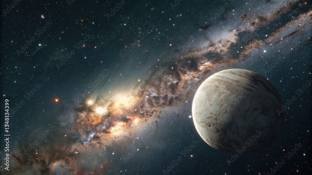 Wall mural a glowing planetary disk levitating in an infinite cosmic void, surrounded by subtle star clusters a