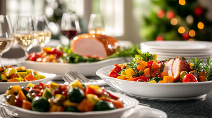 christmas table setting with festive dinner and wine glasses
