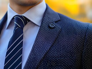A close-up shot reveals a man's navy blue textured suit jacket with a subtle patterned tie and crisp white shirt showcasing impeccable style and