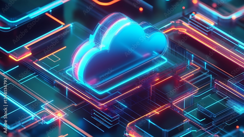 Aufkleber Neon-lit single cloud icon on a modern technological background with intricate circuit patterns and glowing lines : Generative AI