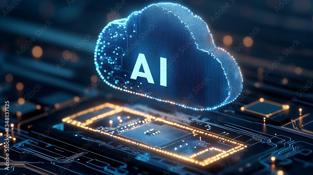 Poster Stylized AI cloud over circuit board representing modern computing innovations and digital trends : Generative AI
