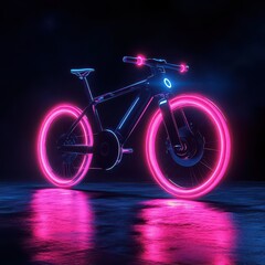 Fototapeta premium Futuristic Electric Bicycle with Neon Lights Glowing on Reflective Surface