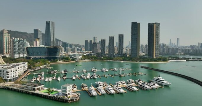 Aerial footage of yacht harbour in shenzhen city, China 