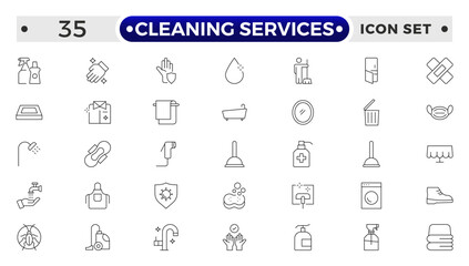 Cleaning Services icon set with broom, mop, vacuum cleaner, dustpan, duster, cleaning cloth, sponge, brush, cleaning spray, bucket icon. Laundry, Window sponge and Vacuum cleaner.