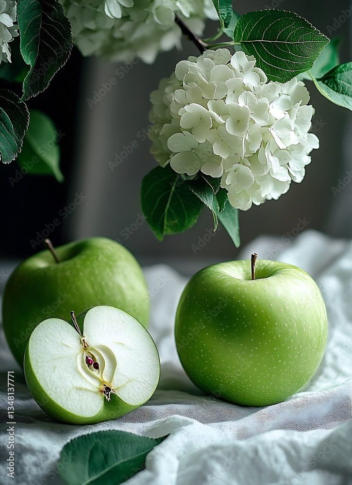 Poster sliced green apple displayed with fresh hydrangea and two whole apples : generative ai