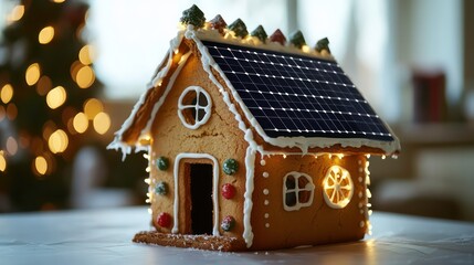 Gingerbread house with solar panels, Christmas lights, festive background, for holiday display, stock image