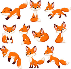 Cartoon fox collection set isolated on white background