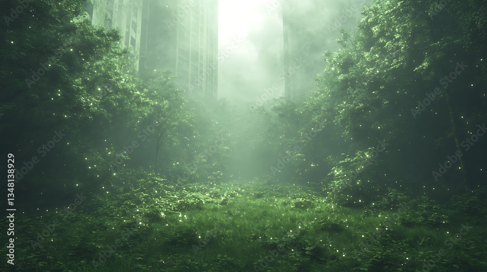 Aufkleber Mysterious misty landscape with lush greenery and towering, shadowy structures in the background.
