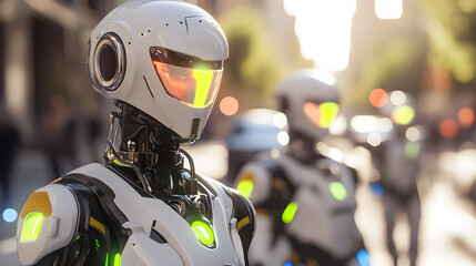 Fototapeta premium Robot patrol teams on the streets of future city