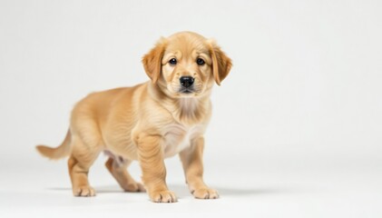 Golden Retriever puppy stands, pristine white backdrop, canine, dog photography