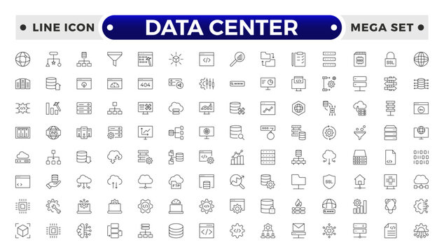 Data Center outline icon set. Data storage, cloud storage data, technology services, server, Data thin line icons.