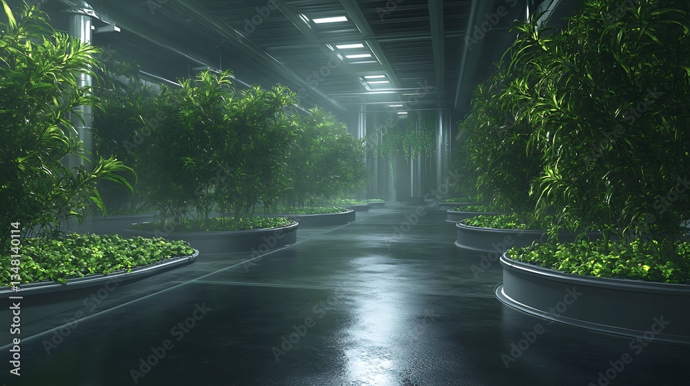 Poster indoor botanical garden with lush greenery and reflective floors in a modern setting.