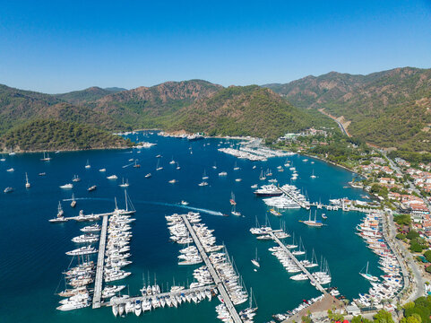 Gocek Island and Gocek Marina Drone Photo, Gocek Fethiye, Mugla Turkiye (Turkey)