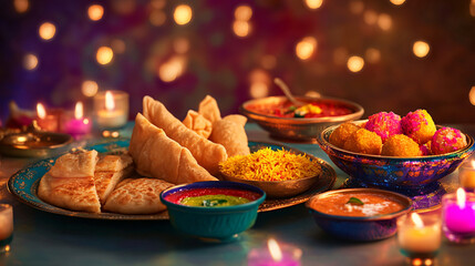 vibrant indian food spread with festive lights and decor