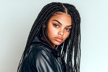 Long hairdo - braids hair. Gorgeous calm mixed-race girl - for ads, banner and social networks networks use. Commercial commercial idea. African american style portraits. Vibrant hair styles.