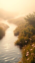 Serene Dawn Reflection on a Misty River