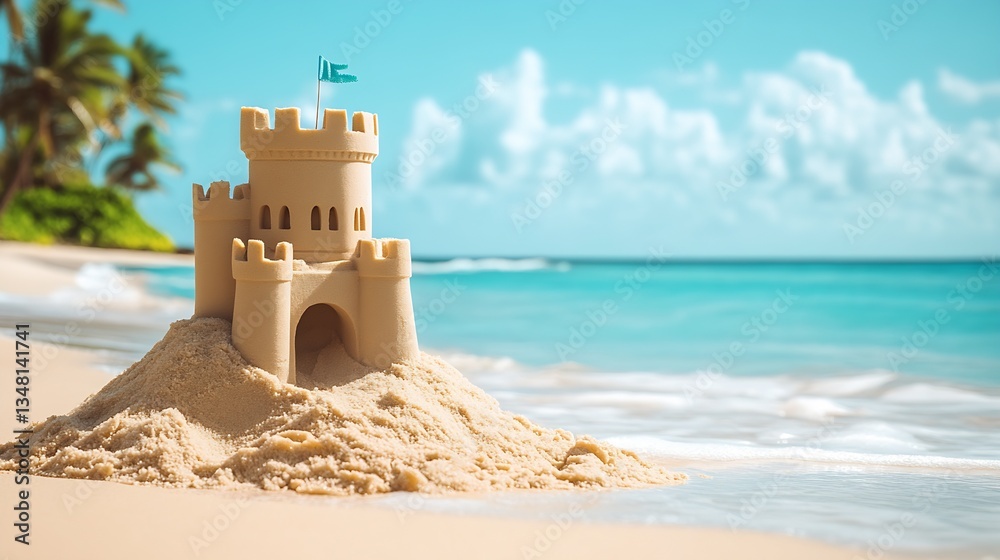 Aufkleber stunning sandcastle on a pristine beach with serene ocean waves in the background under a bright blu