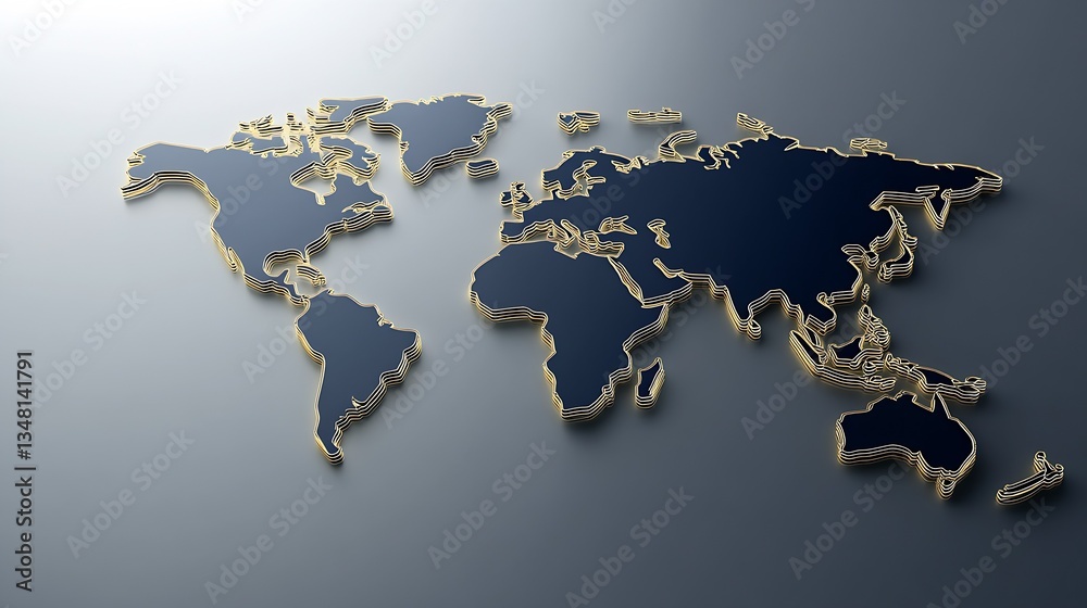 Poster artistic world map in dark hues with elegant gold lines highlighting the continents and countries : 