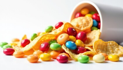 Pile of colorful candy, chips, and soda on white , chips, fat, soda