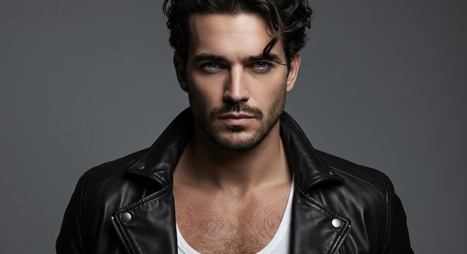 Stylish Man in Leather Jacket Posing with Confidence for Fashion Photography and Male Model Portfolio.