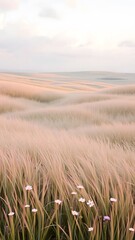 Serene Dusk Landscape with Golden Grass and Wildflowers