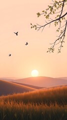 Serene Dusk Landscape with Glowing Sun