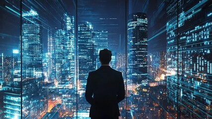 Visionary Leader Contemplating Futuristic Metropolis: A Blend of Ambition and Technological Advancement - Powered by Adobe
