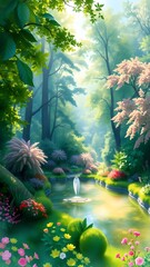 Serene Enchanting Garden with Tranquil Pond