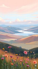 Serene Evening Landscape with Vibrant Wildflowers