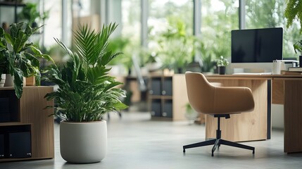Fototapeta premium A modern office workspace features a large potted plant and a comfortable chair near a desk with a computer.