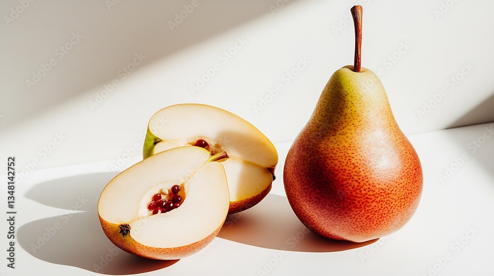 Poster delicious half-cut pear next to whole pear casting beautiful shadows on light surface : generative a