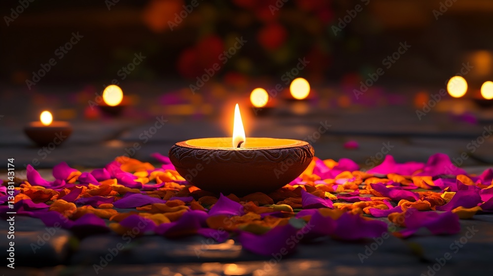 Aufkleber Stunning view of a glowing diya surrounded by colorful petals creating a peaceful atmosphere : Generative AI