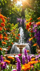 Serene Garden Fountain with Flowers and Butterflies