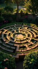 Serene Garden Maze at Golden Hour