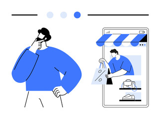 Man thinking with hand on chin near smartphone displaying a digital store interface. Ideal for e-commerce, decision-making, online shopping, retail, digital marketing, consumer behavior, flat simple