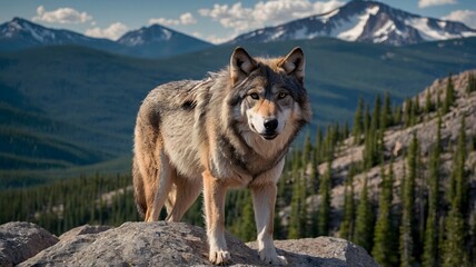 Majestic Northern Rocky Mountain Wolf Standing on Rocky Outcrop Overlooking Rugged Peaks